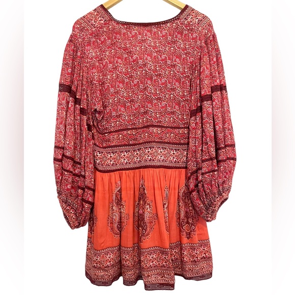 Free People Boho Dress Luna Scarf Print Red Coastal Cowgirl Balloon Sleeves XS - Picture 9 of 15